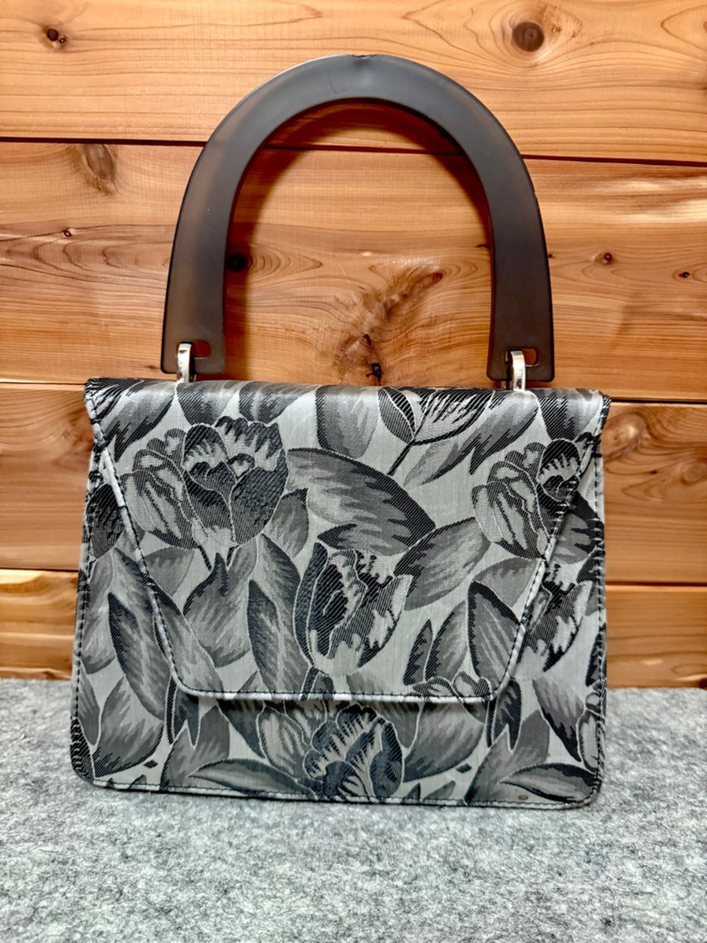 J.Renee Gray and Black Floral Jacquard Mini Top-Handle Bag